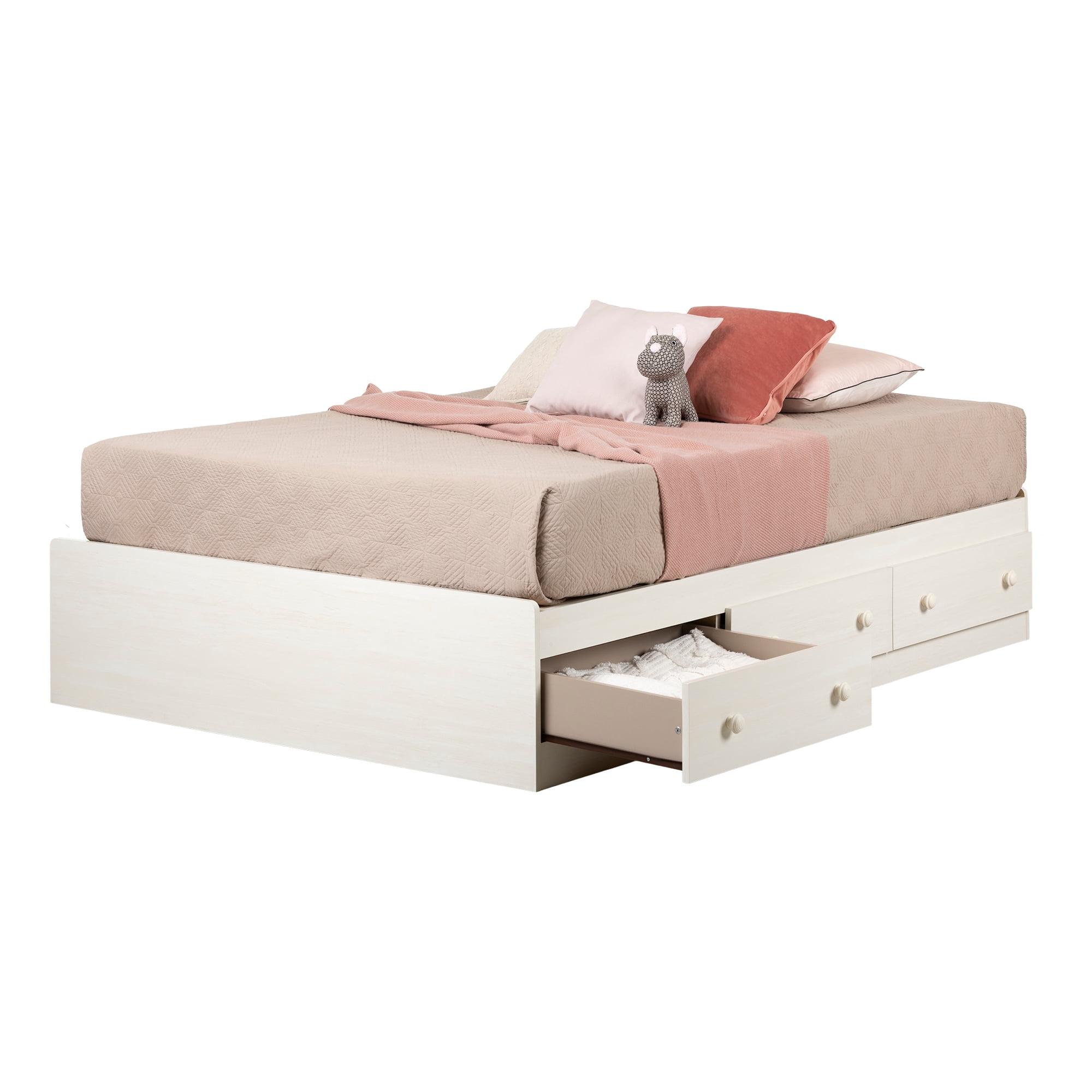 White Wash Full Size Wood Frame Captain's Bed with Storage Drawers