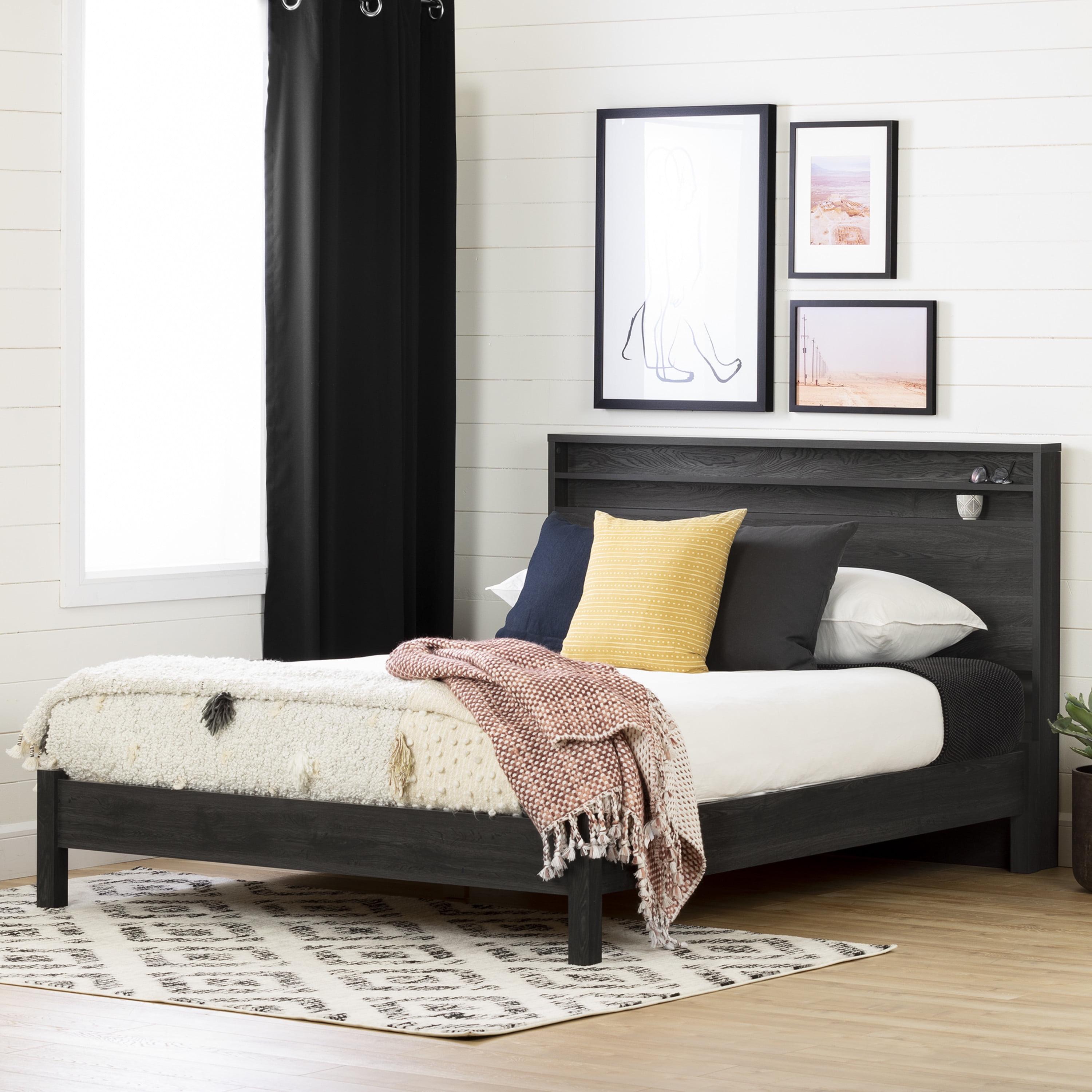 Gray Oak Full Platform Bed with Bookcase Headboard and Storage