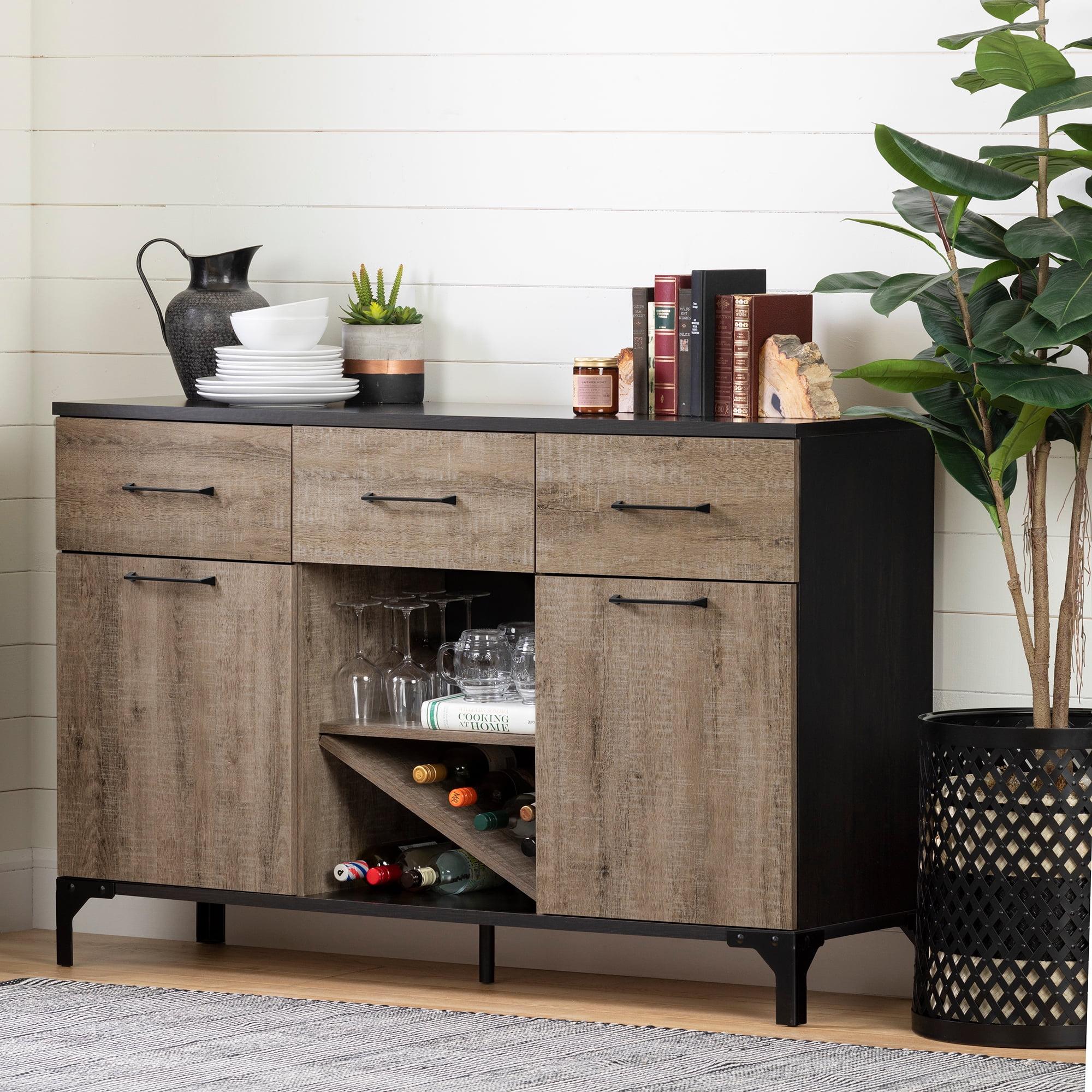 Weathered Oak and Ebony 57" Industrial Wine Storage Sideboard