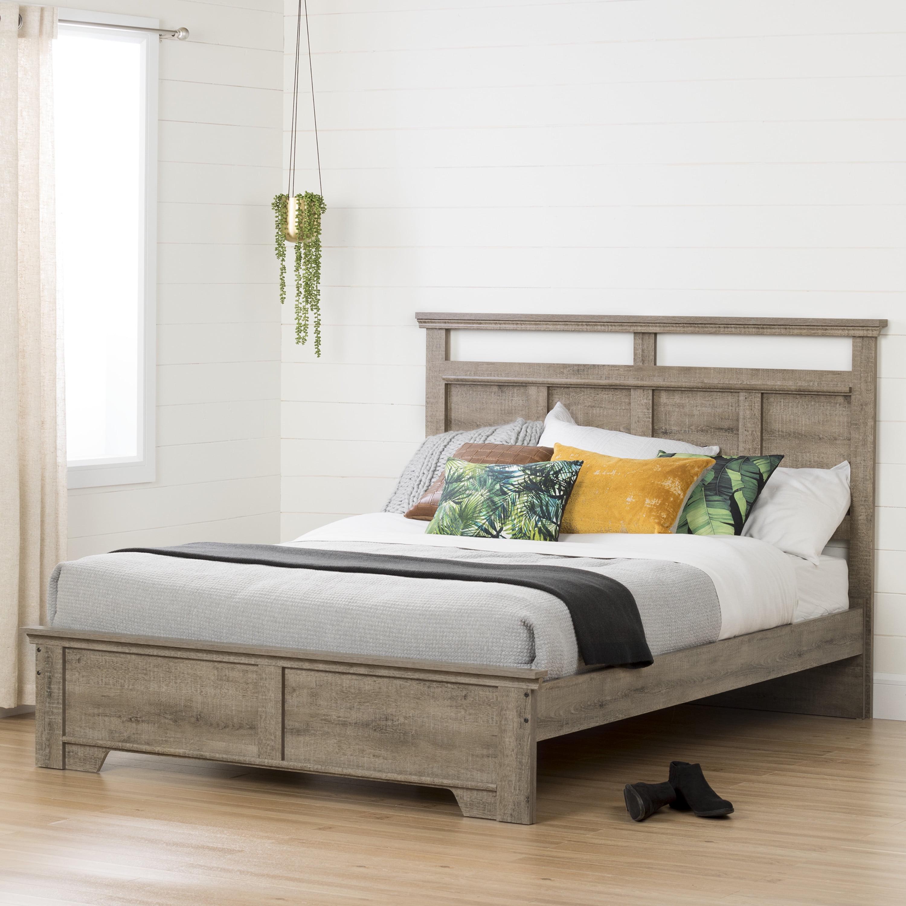 Queen Oak Platform Bed with Upholstered Headboard and Drawer