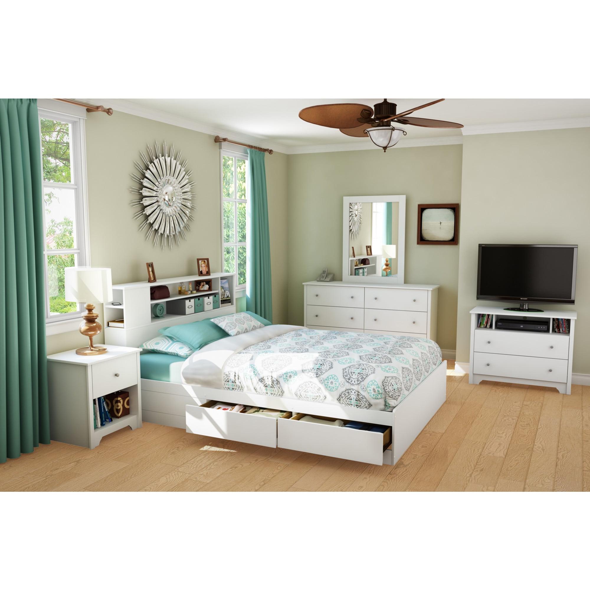 White Queen Wood Frame Bed with Bookcase Headboard and Storage Drawers