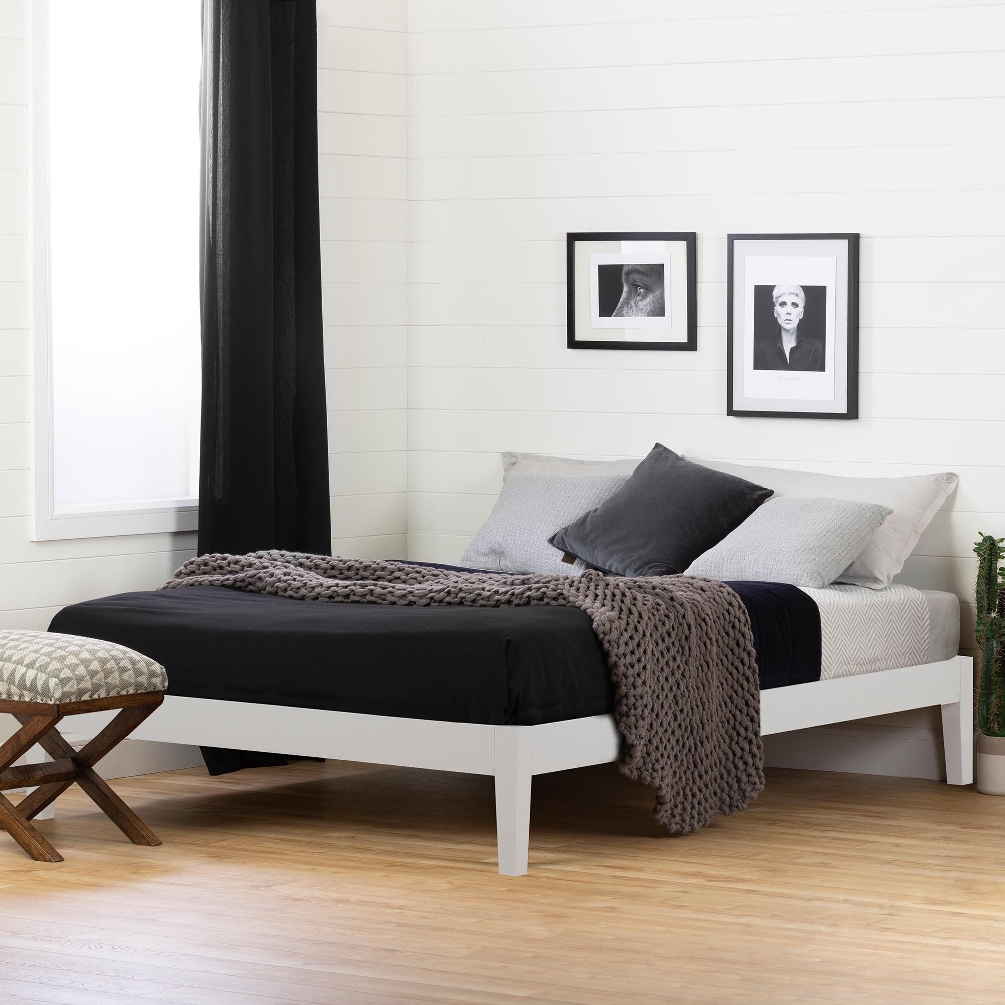 Pure White Solid Wood Queen Platform Bed with Upholstered Slats