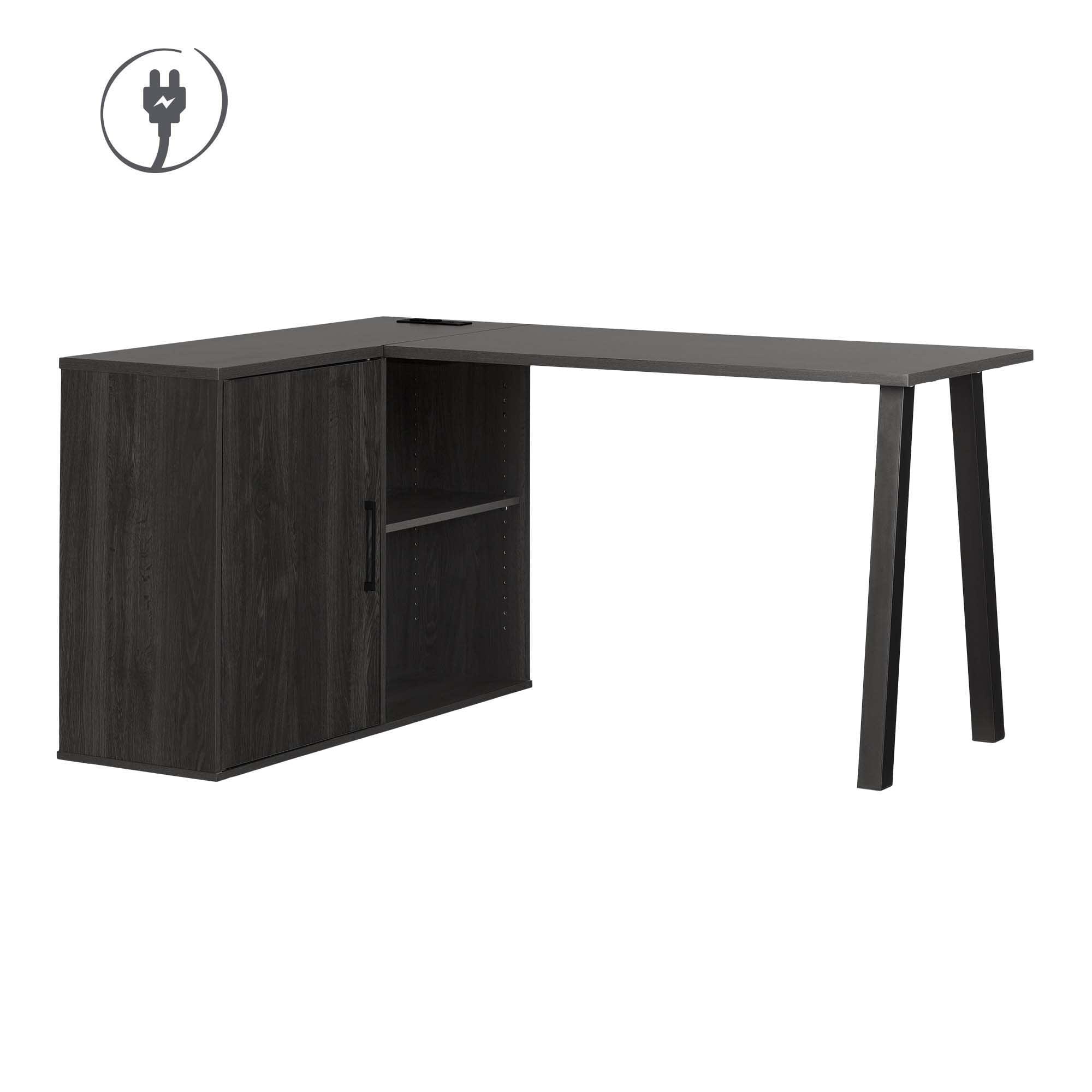 Gray Oak L-Shaped Corner Desk with USB Port and Filing Cabinet