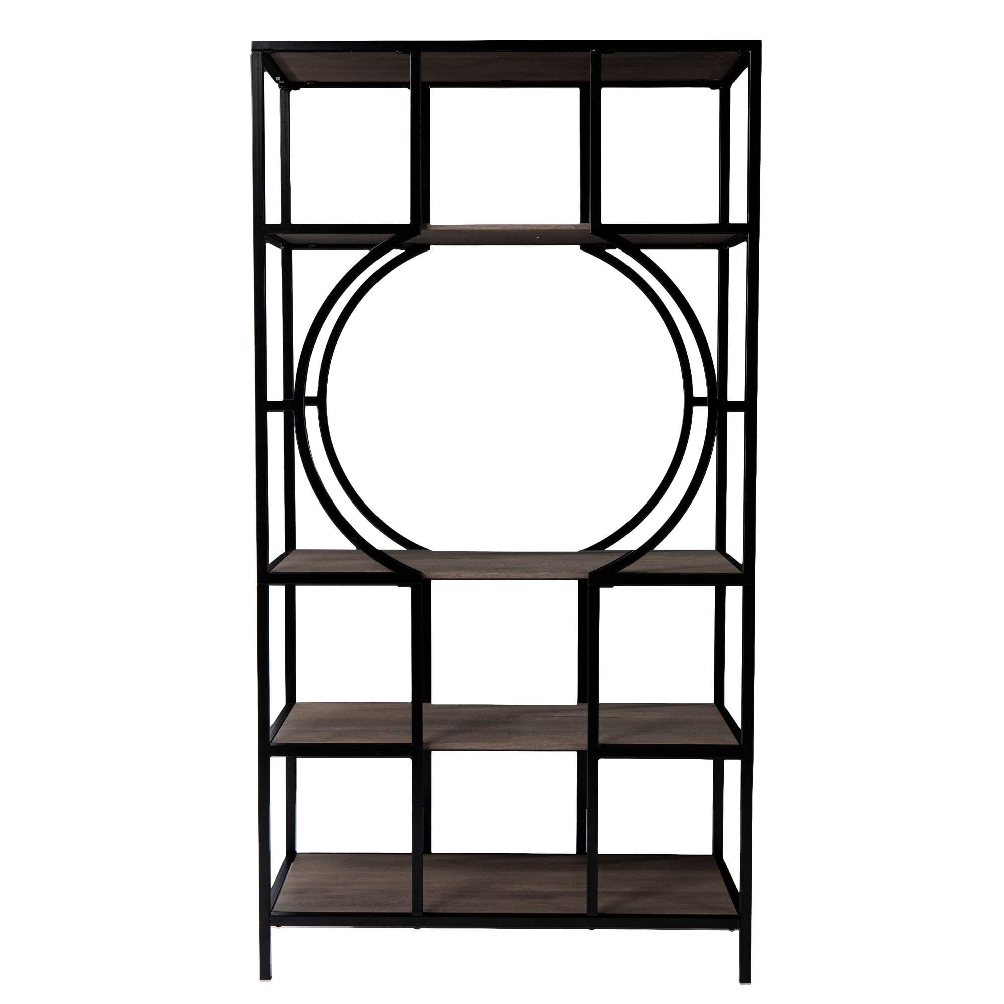 Contemporary 68.25" Black and Warm Brown 5-Tier Etagere Bookcase