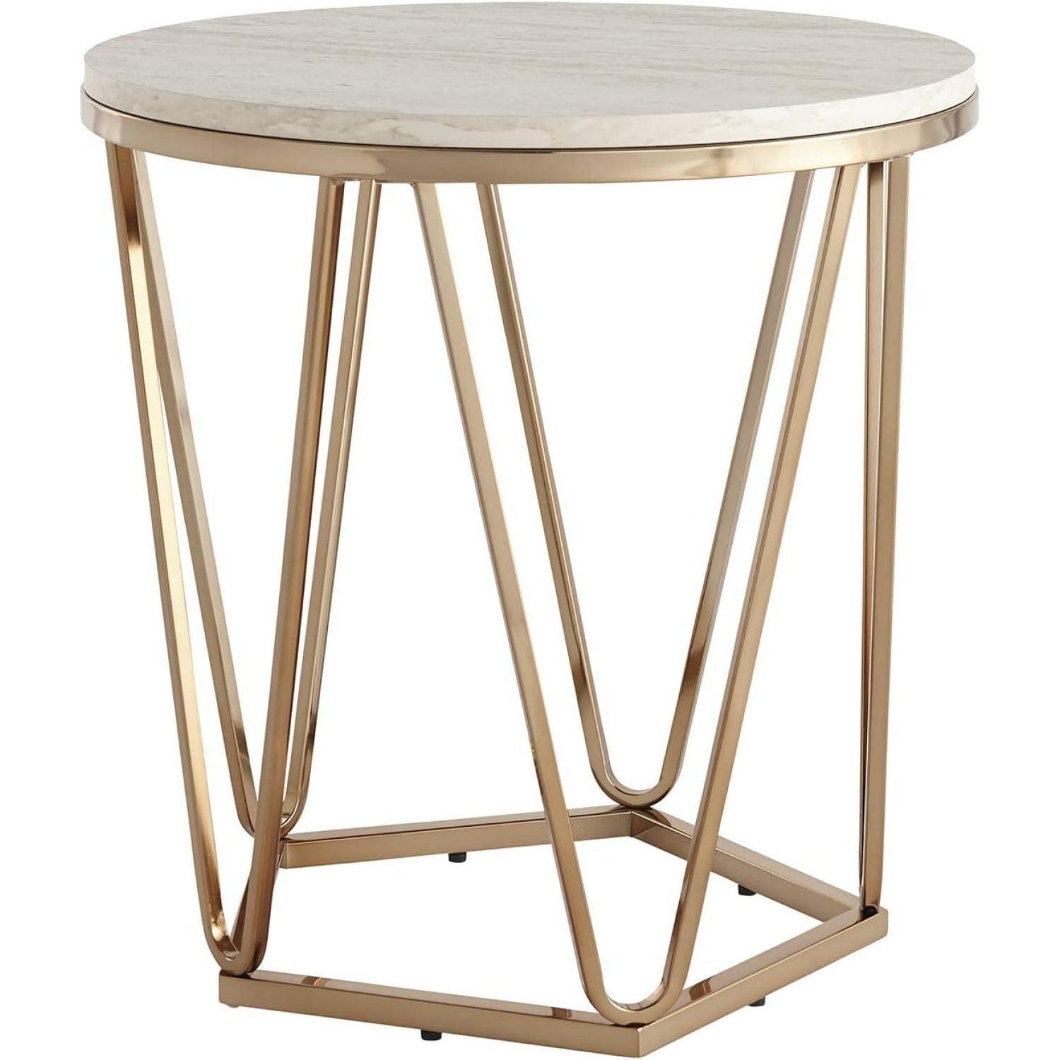 Champagne Round Faux Stone and Metal End Table