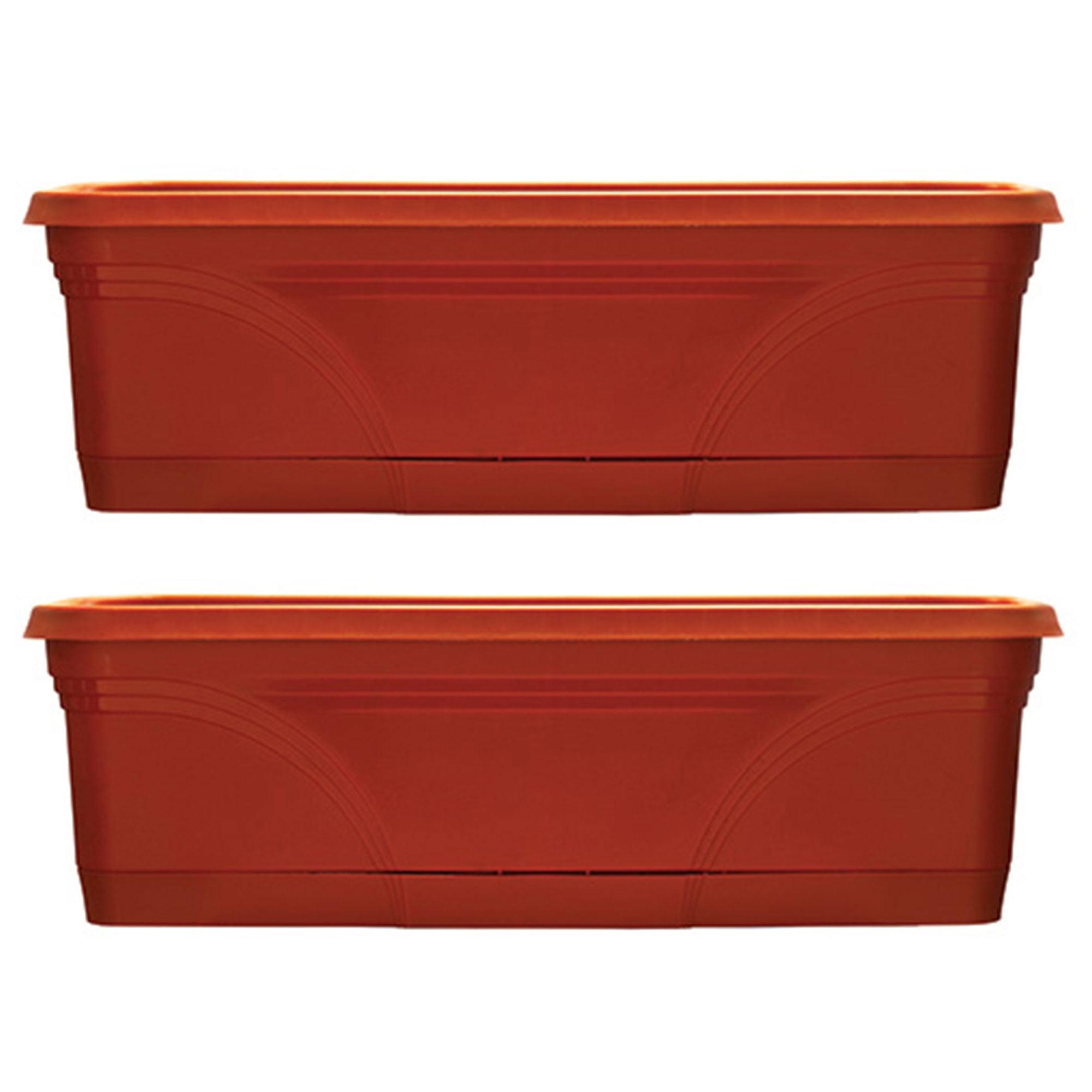 Southern Patio 36 Inch Rectangular Plastic Medallion Hanging Windowsill and Garden Box Planters with Drainage Holes, Terracotta (2 Pack)