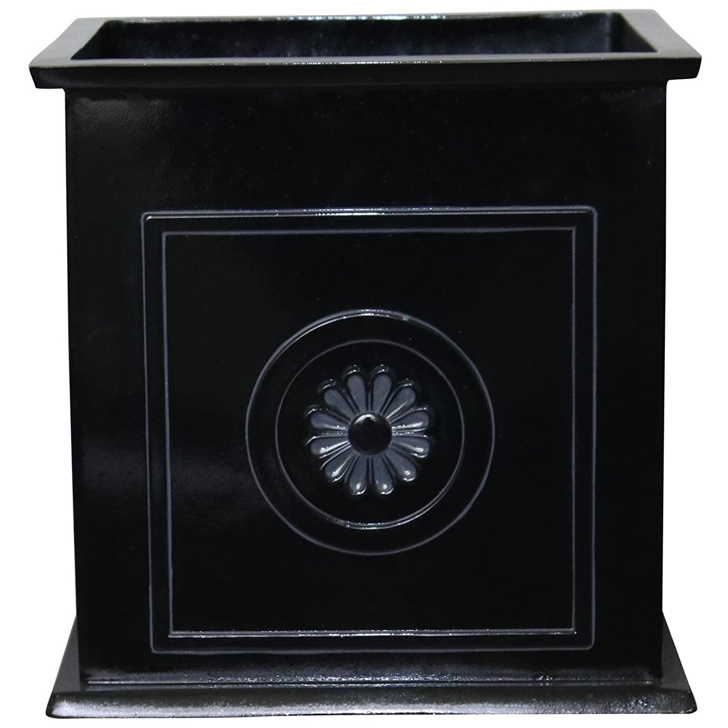 Glossy Black Square Resin Planter with Floral Medallions, 16"