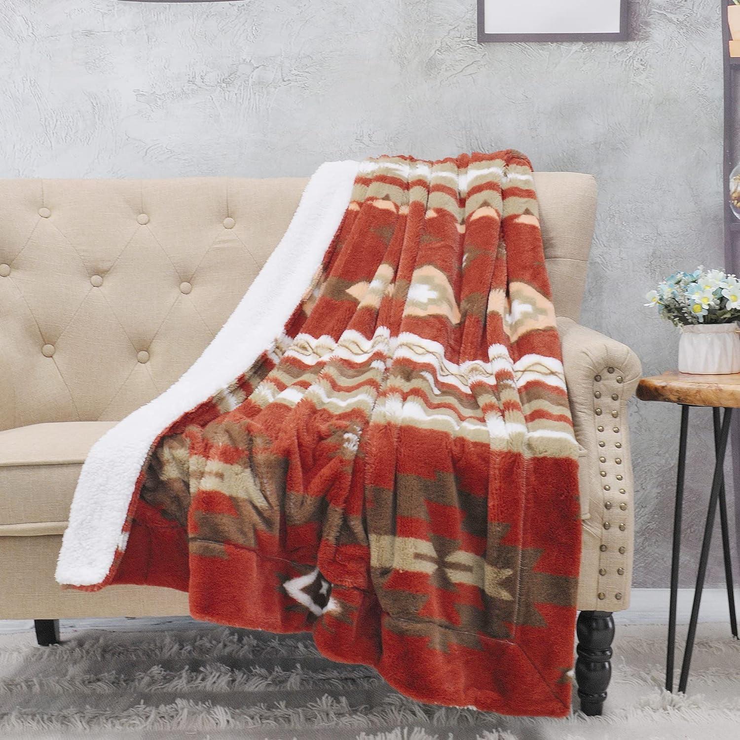 Cozy Southwest Sherpa & Faux Fur Throw Blanket, Brick Red, 50'' x 60''