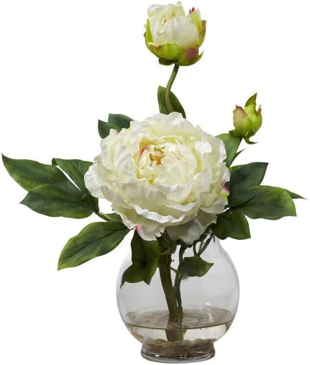 White Peony Silk Flower Arrangement with Fluted Vase