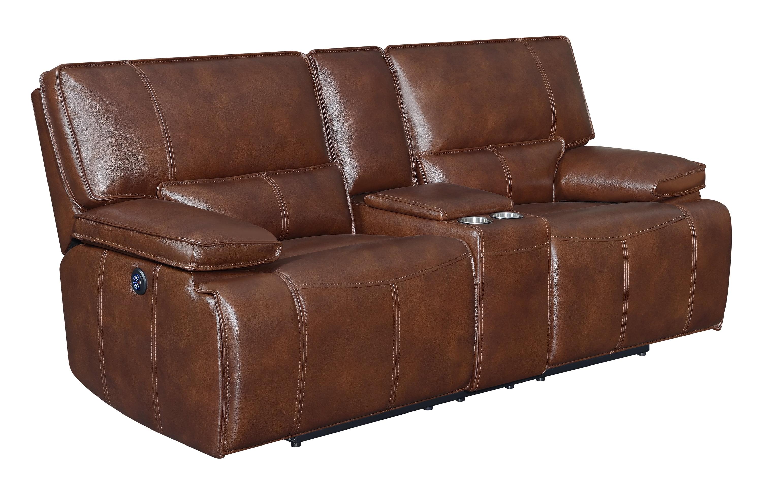 Saddle Brown Leather Power Reclining Loveseat with Cup Holder and USB