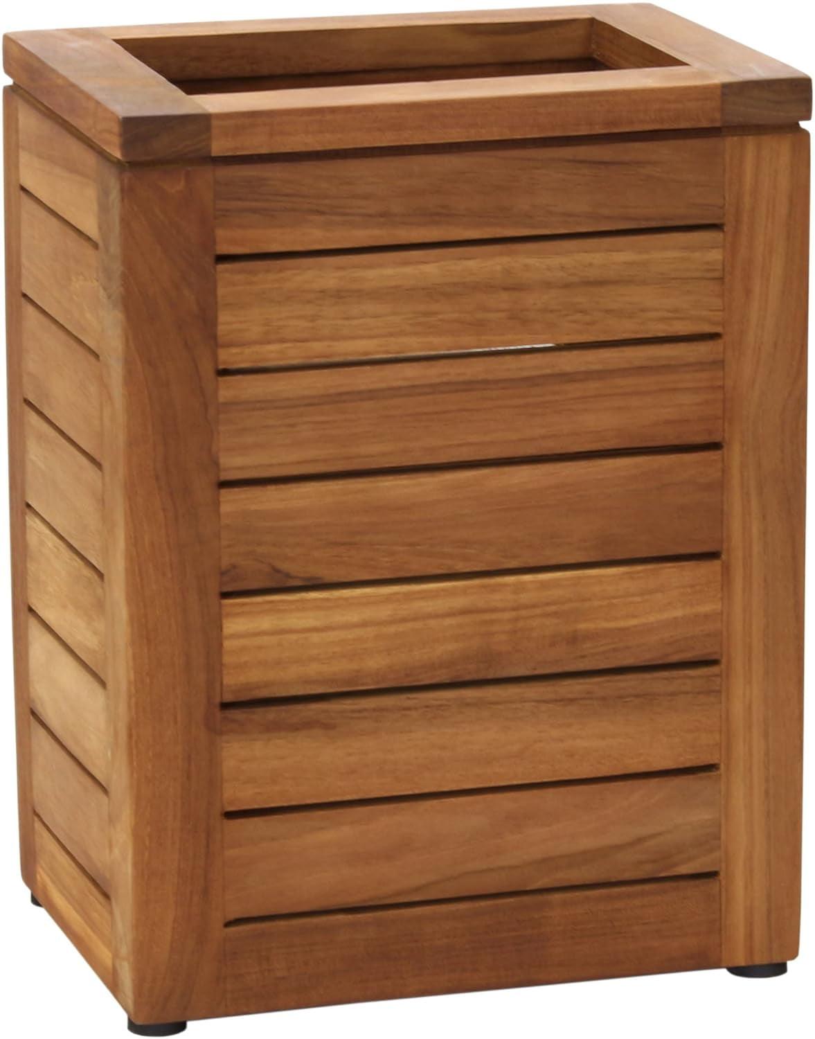 Teak Wood Slatted Waste Basket with Non-Slip Feet