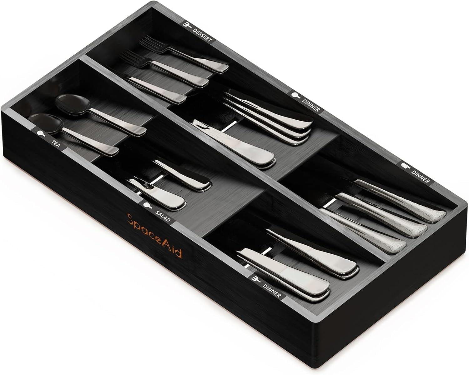 Bamboo Silverware Drawer Organizer with Labels - Kitchen Utensil Tray Holder for Flatware, Cutlery, Spoons, and Knives,Slots