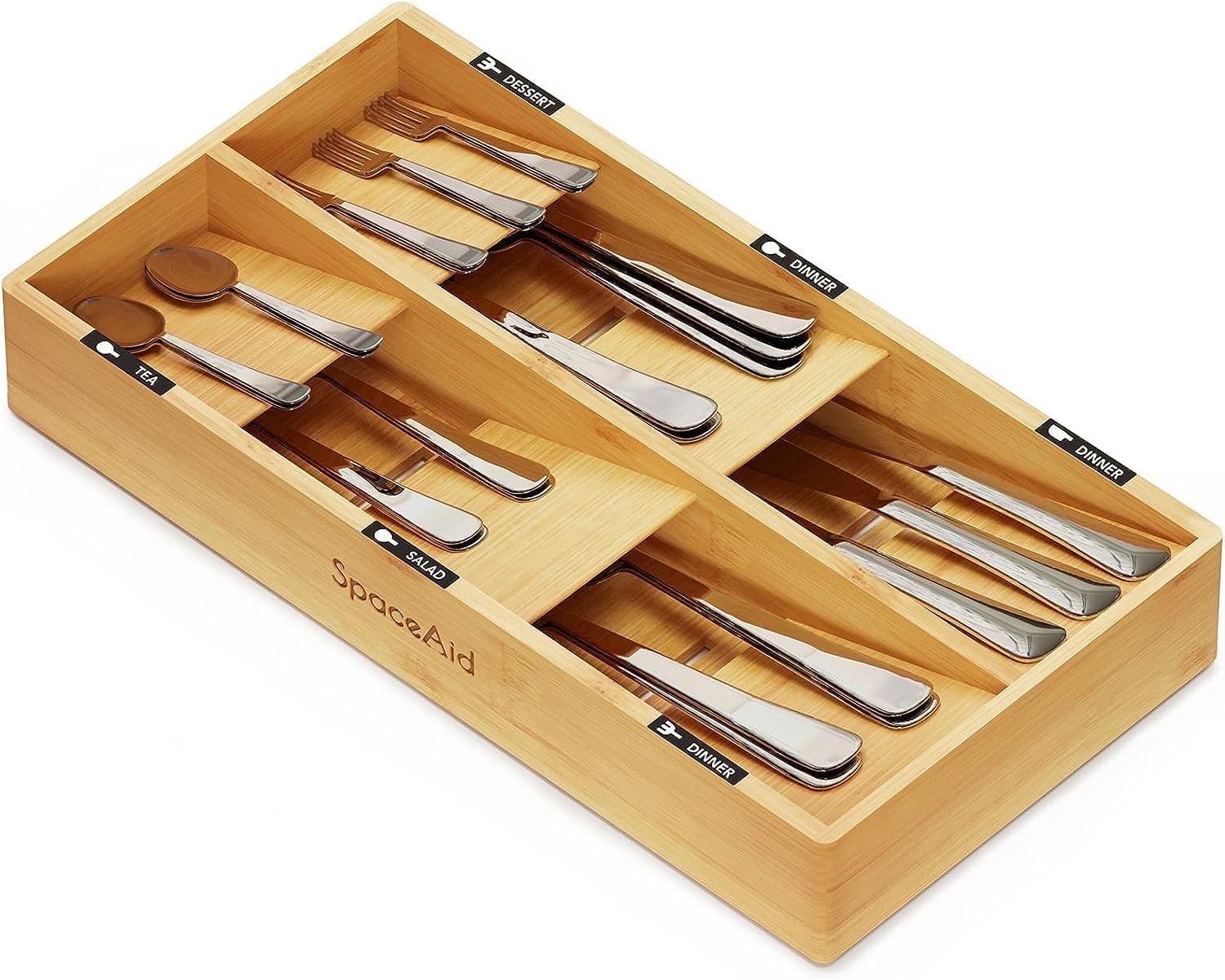 Bamboo Silverware Drawer Organizer with Labels - Kitchen Utensil Tray Holder for Flatware, Cutlery, Spoons, and Knives,Slots