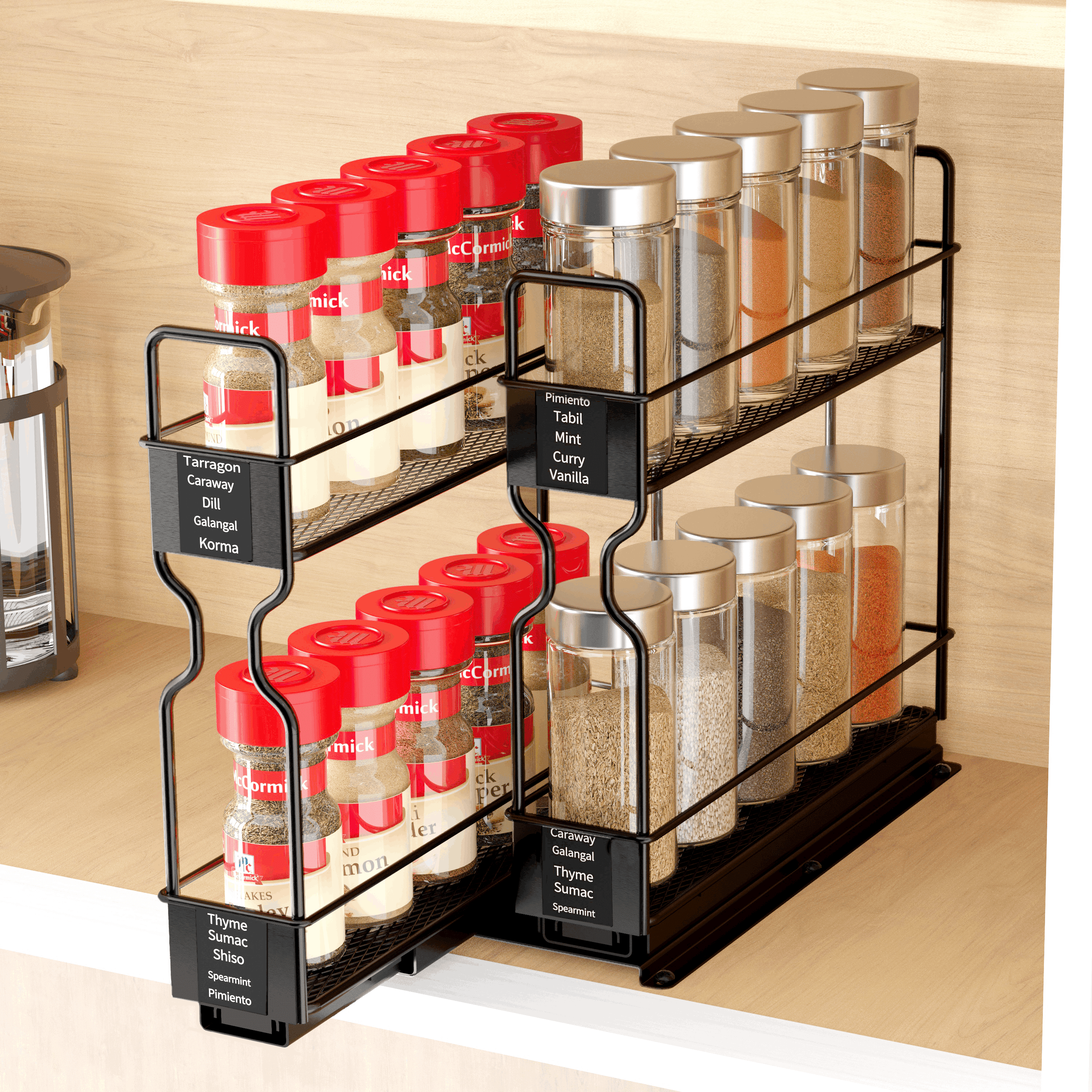 Pull Out Spice Rack Organizer for Cabinet - Heavy Duty Slide Out Kitchen Organizer with Labels, 5.2" W x 10.75" D x 10" H, 2 Drawers, 2-Tier