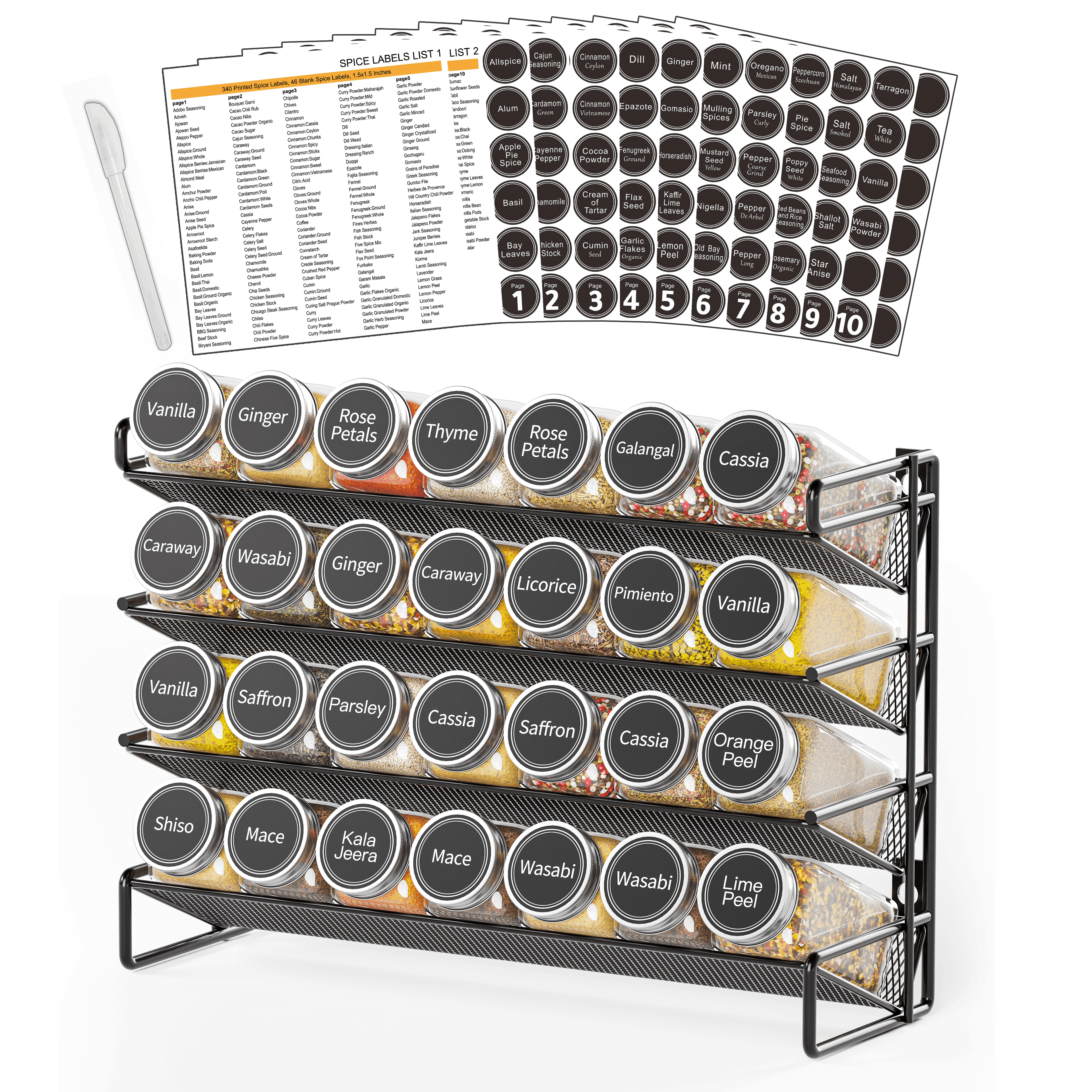 SpaceAid Spice Rack Organizer Set with Spice Jars, 386 Labels, Chalk Marker, and Funnel – For Cabinet, Countertop, Pantry, Cupboard, or Wall Mount