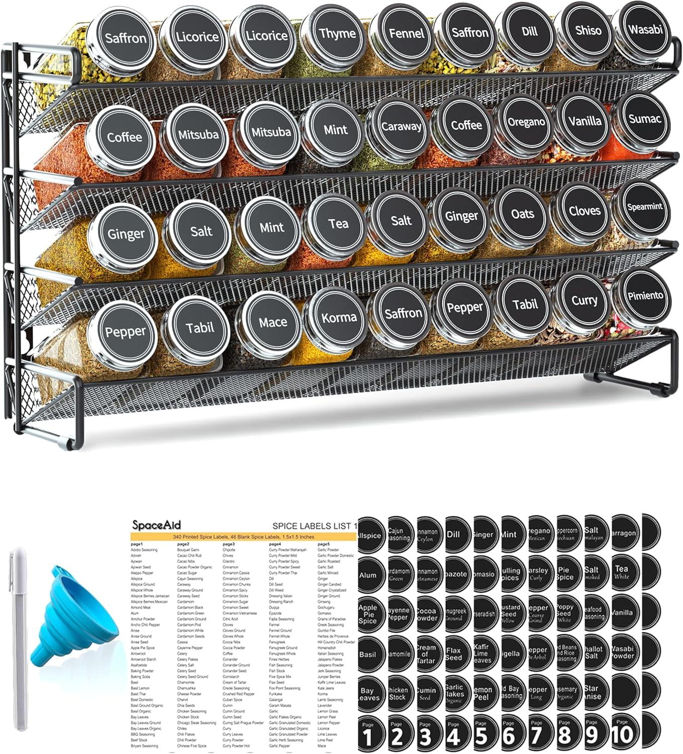 Spice Rack Organizer with 36 Jars, 386 Labels, for Cabinet, Countertop, Pantry or Wall Mount