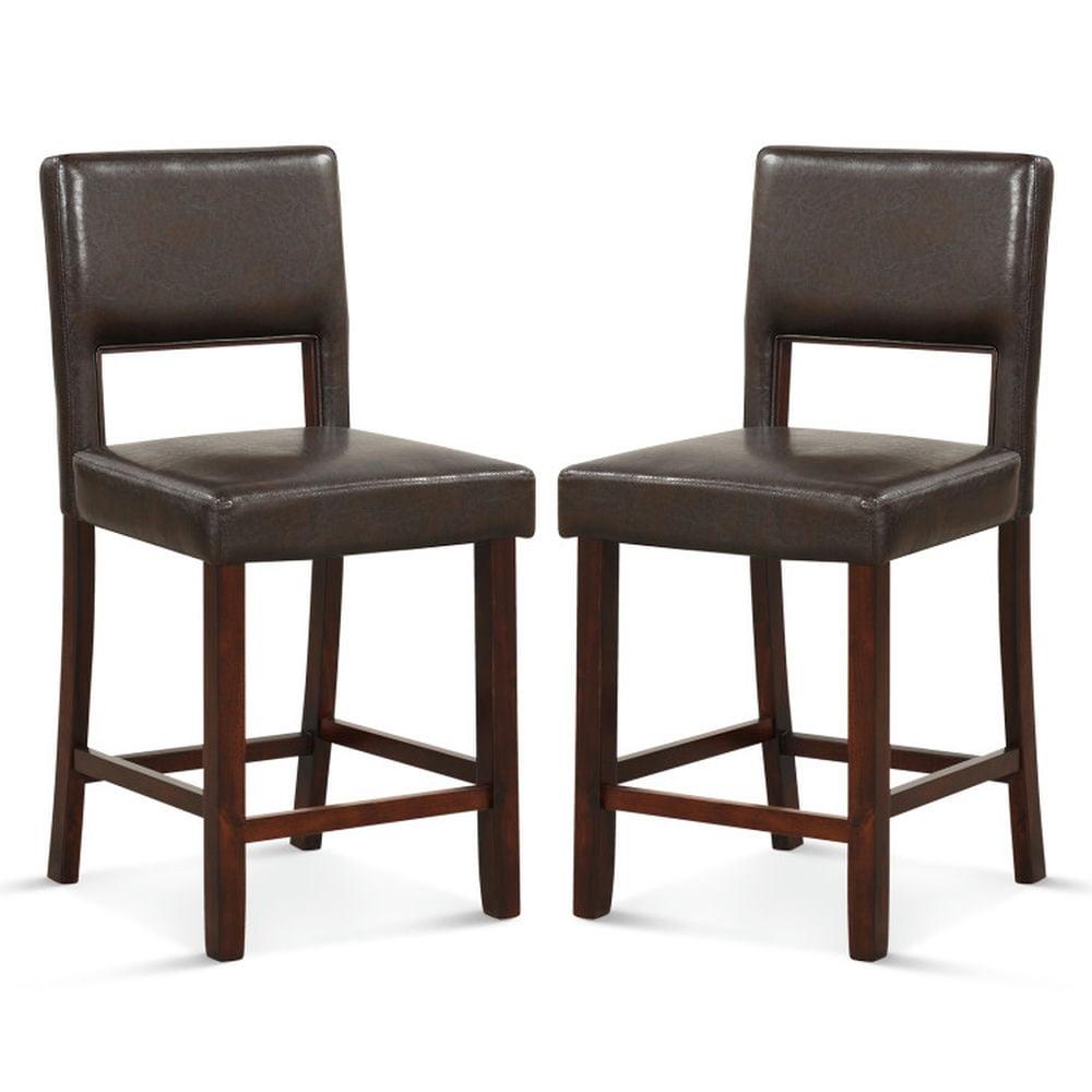 Brown Faux Leather and Wood Bar Height Stools, Set of 2