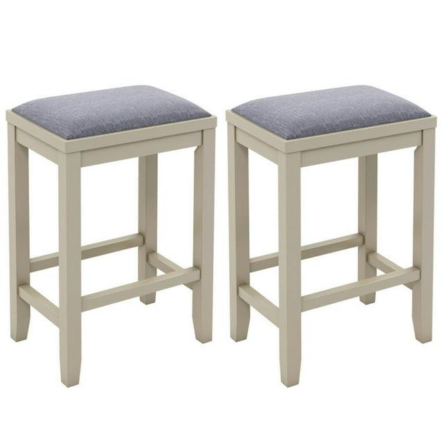 Costway Set of 2 Upholstered Bar Stools Wooden Counter Height Dining Chairs Griege