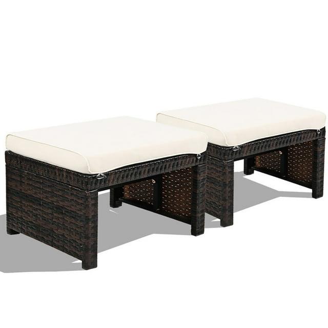 Spaco 2 Pieces Outdoor Patio Rattan Wicker Ottoman Set with Soft Cushion for Garden, Balcony, Poolside, White