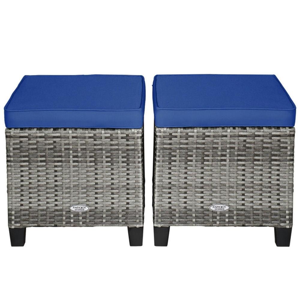 Topcobe 2 Pieces Patio Rattan Ottoman Seat with Removable Cushions, Outdoor Patio Furniture-Navy