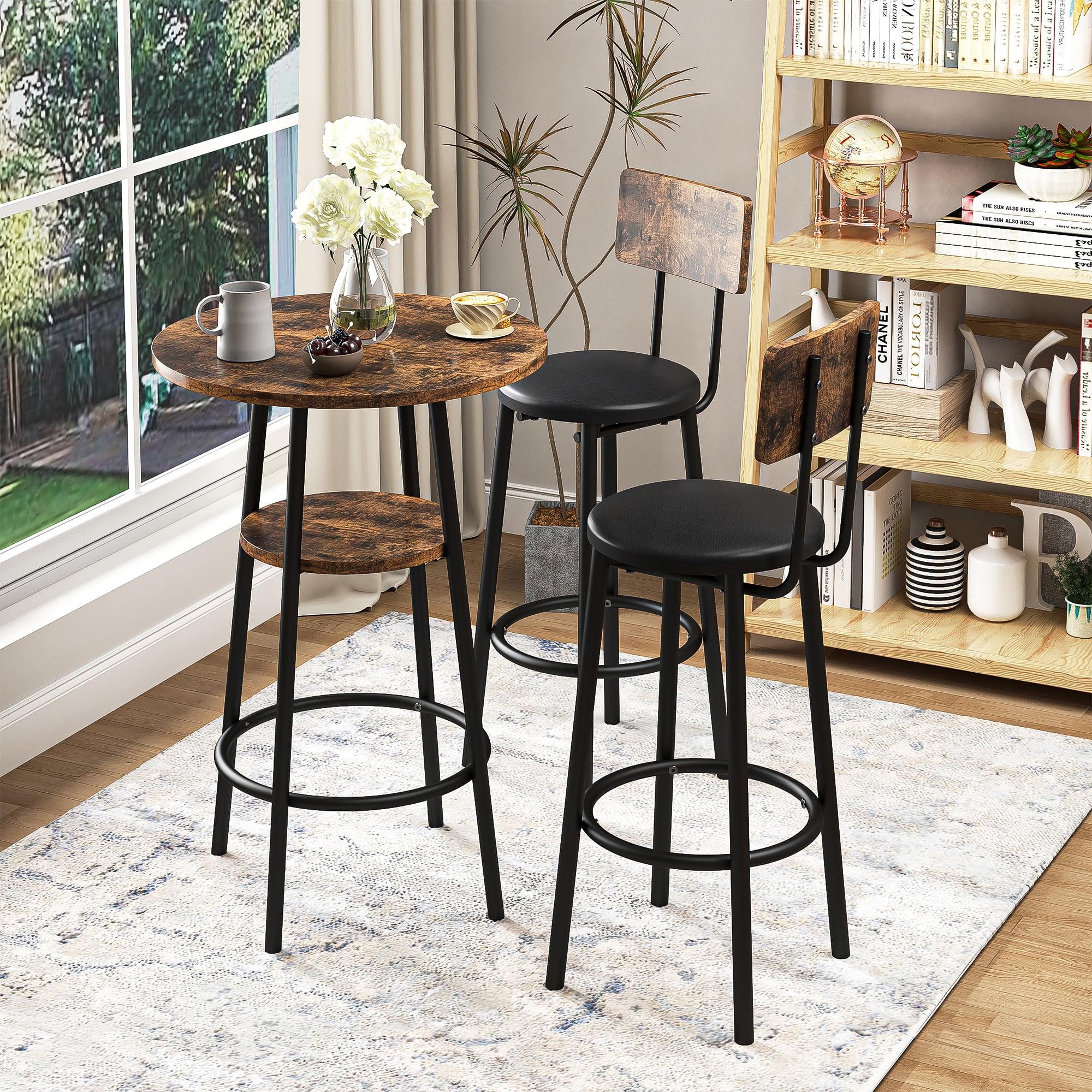 Recaceik 3 Pcs Wood Bar Set with 2 Stools, Round Wood Kitchen Table and Chairs, Brown