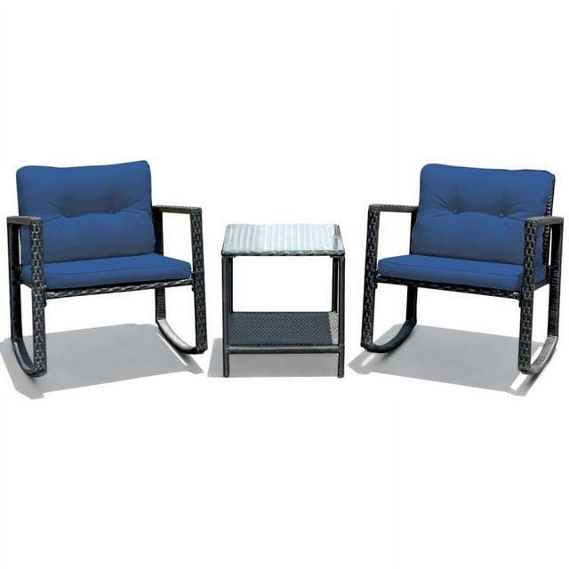 Spaco 3 Piece Rocking Bistro Set with Cushioned Sofa , Outdoor Furniture with Rocker Chairs and Coffee Table Set of 3, Balcony, Porch Furniture for Small Space, Navy