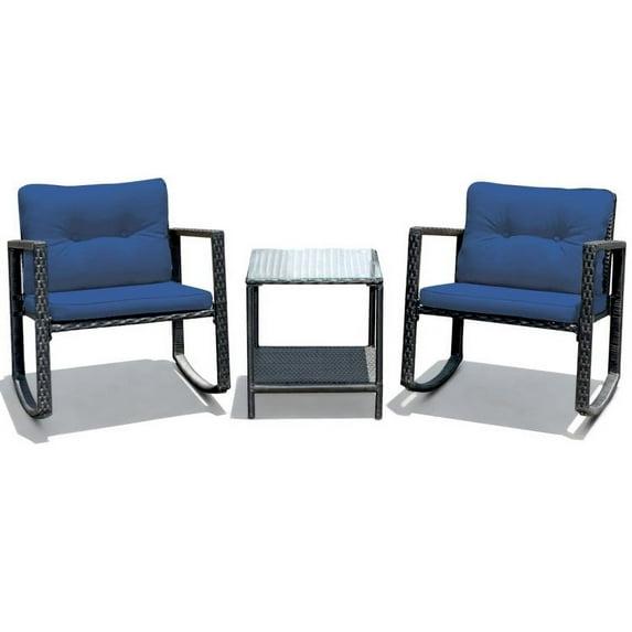 Spaco 3 Piece Rocking Bistro Set with Cushioned Sofa , Outdoor Furniture with Rocker Chairs and Coffee Table Set of 3, Balcony, Porch Furniture for Small Space, Navy
