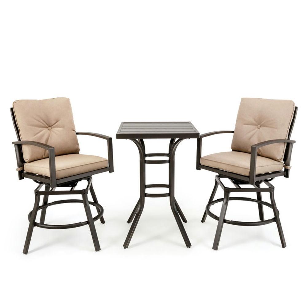 Tangkula Set of 3 Swivel Bar Height Bistro Set Cushioned Table Stools Furniture Patio Outdoor