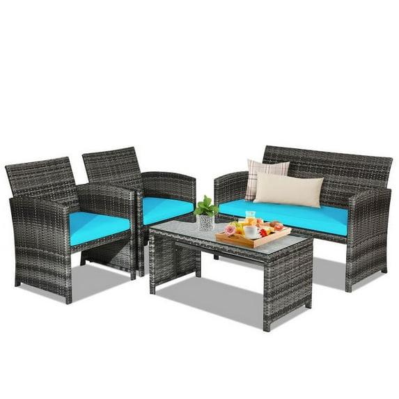Spaco 4 Pieces Patio Rattan Furniture Set, Balcony Furniture Outdoor Rattan Patio Conversation Set with Cushions-Turquoise