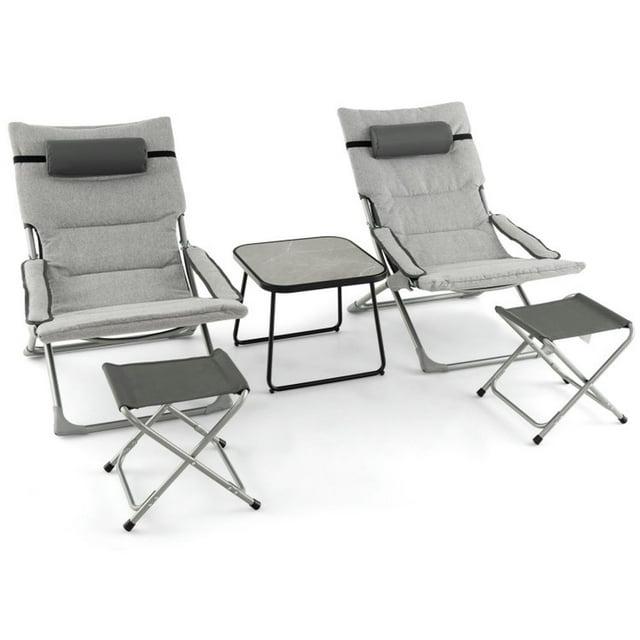 Topcobe 5-Piece Patio Sling Chair Set Folding Lounge Chairs with Footrests and Coffee Table, Outdoor Patio Lounge Chairs-Gray
