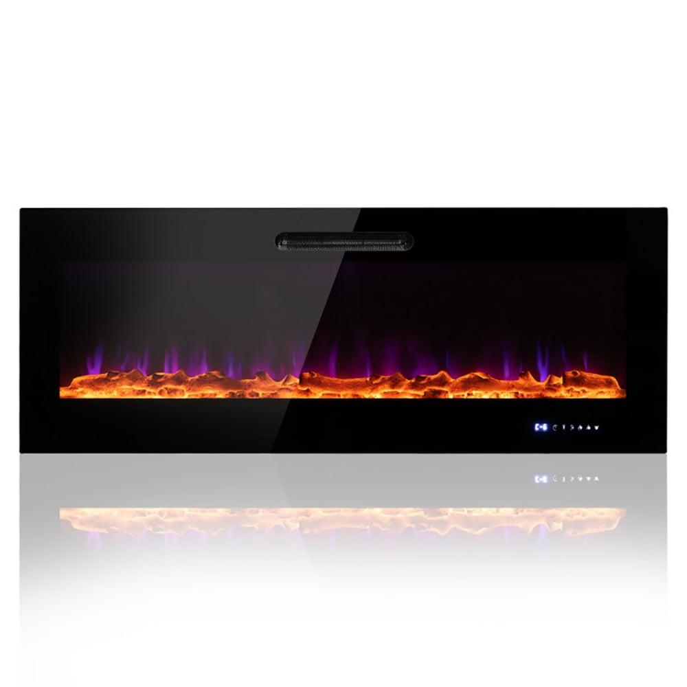 Costway 50'' Electric Fireplace Recessed Wall Mounted Heater W/ Decorative Crystal & Log