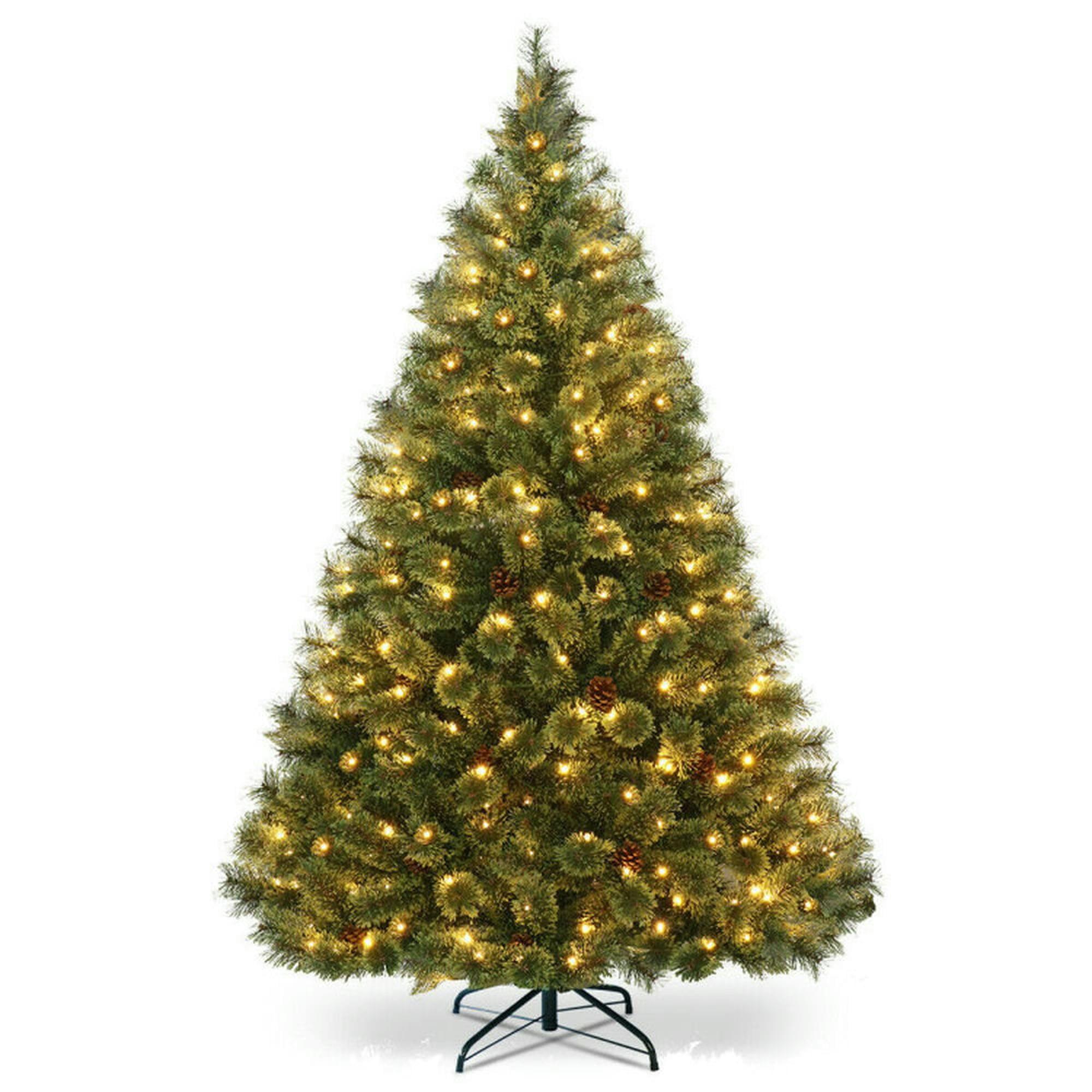 Costway 6Ft Pre-Lit PVC Artificial Carolina Pine Tree Flocked Cones Hinged w/ LED Lights