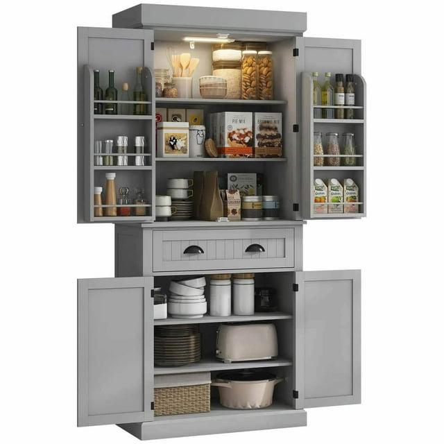 HOMCOM 71" LED Kitchen Pantry Cabinet, Tall Storage Cabinet with 6 Door Shelves, a Drawer and 4 Adjustable Shelves, Gray