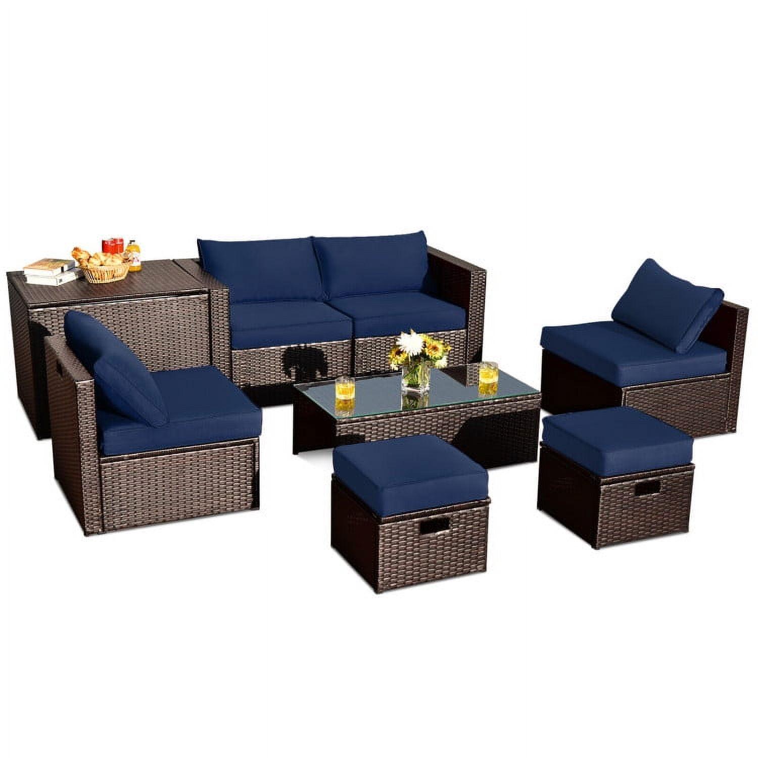 Navy 8-Piece Space-Saving Rattan Patio Furniture Set with Storage