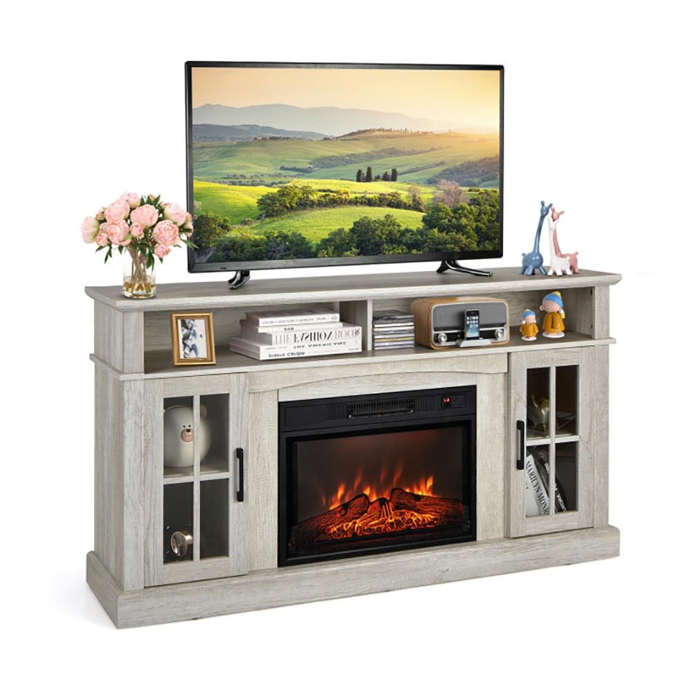 Spaco Fireplace TV Stand for TVs Up to 65 Inch with Side Cabinets and Remote Control-Gray, Mid Century Modern TV Stand for Living Room Bedroom