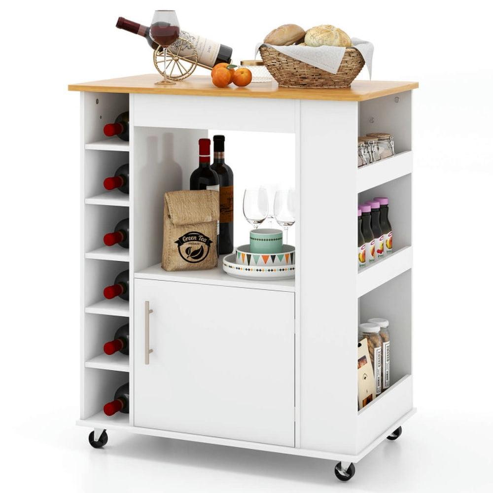 Tangkula Kitchen Cart on Wheels Mobile Kitchen Storage Island w/ 6-Bottle Wine Rack