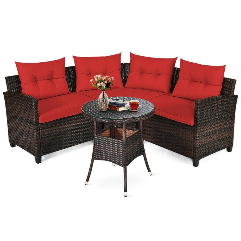 Costway 4PCS Outdoor Patio Rattan Furniture Set Cushioned Sofa Table Red