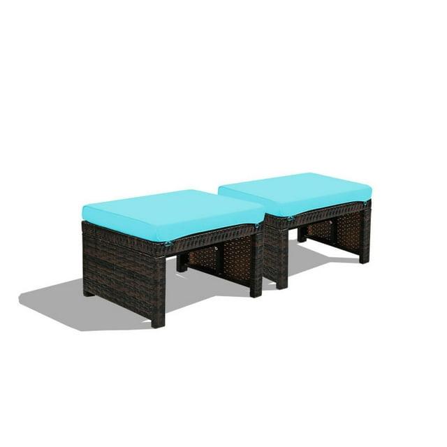 Tangkula 2 PCS Outdoor Wicker Ottoman Patio Rattan Furniture Metal Footrest Seat Square Footstool with Cushion Turquoise