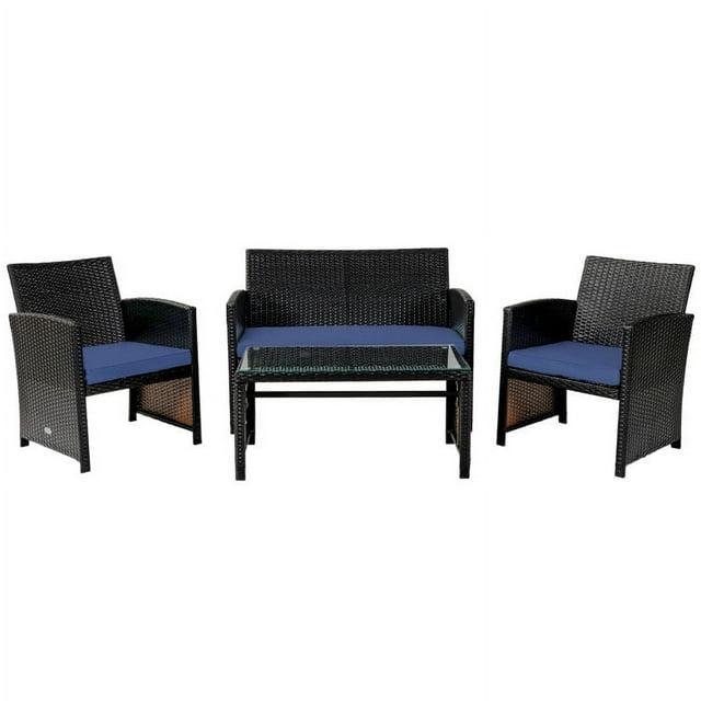 Resenkos 4 Pieces Outdoor Rattan Furniture Set, Wicker Furniture Sets, Patio Conversation Sets with Coffee Table Cushioned Sofa-Red