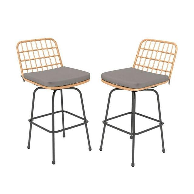 Tangkula 2 PCS Patio Bar Stools 360° Swivel PE Rattan Bar Chairs with Backrests & Footrests Outdoor Armless Barstools with Soft Seat Cushions