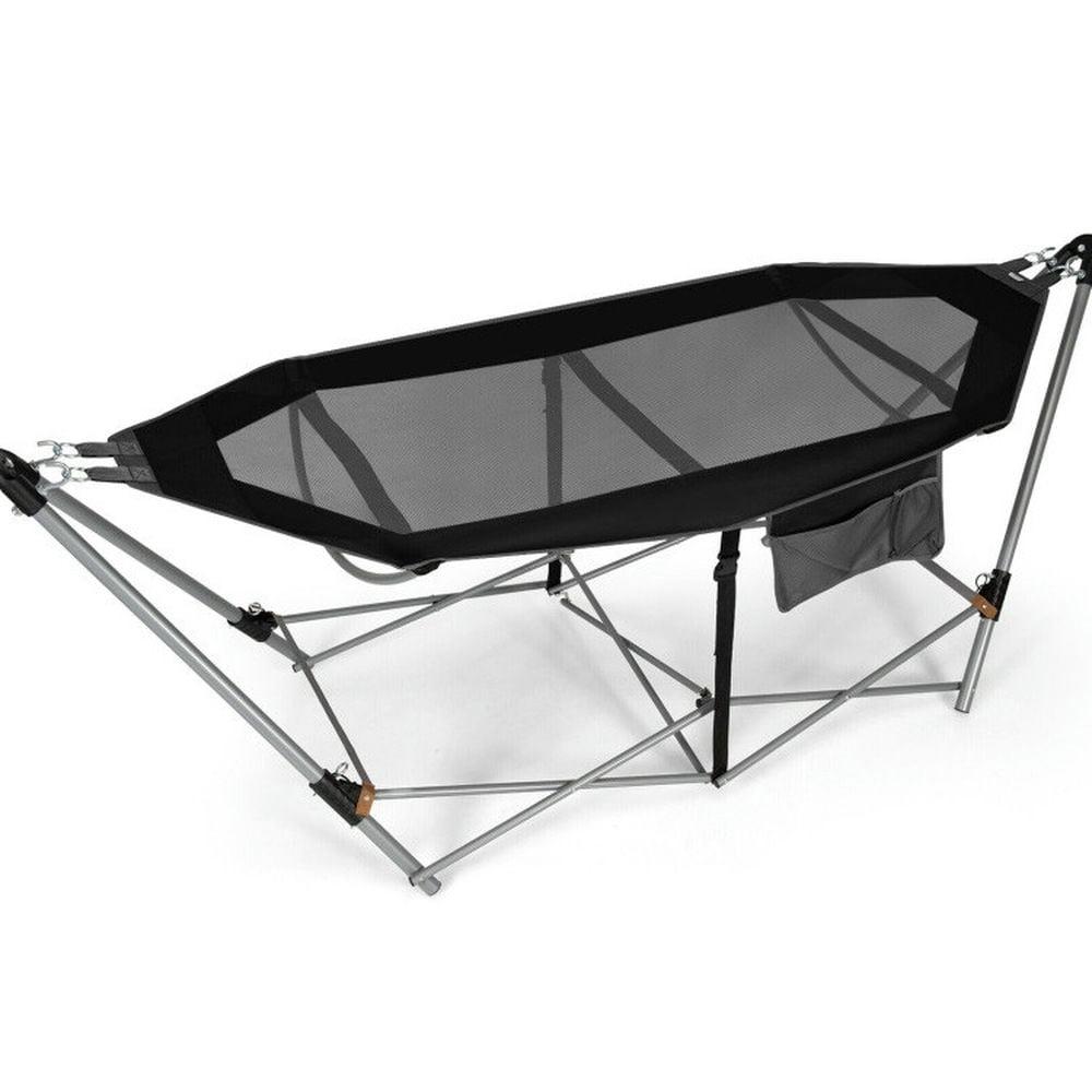 Costway Folding Hammock Indoor & Outdoor Hammock with Side Pocket & Iron Stand Black