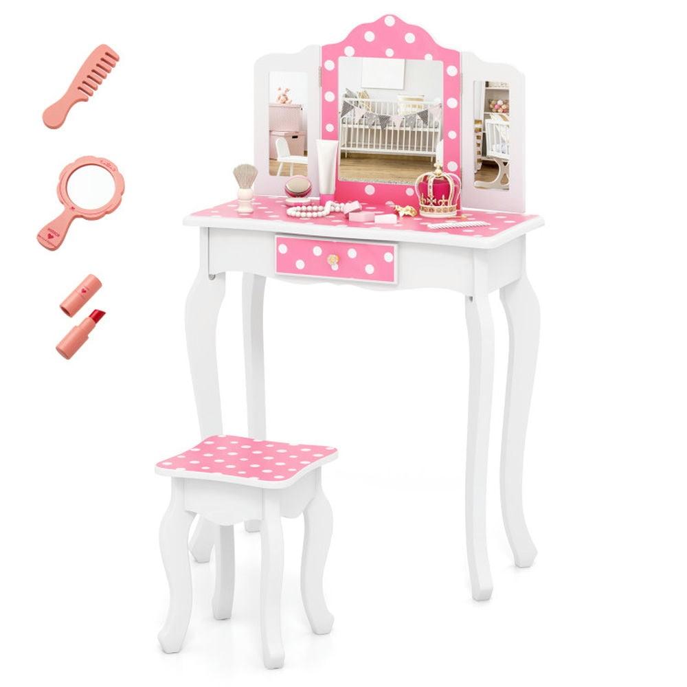 Kadyn Toddler Vanity Set, Kids Vanity Set, Makeup Dressing Table Set,Princess Pretend Play Makeup Dressing Table with Cute Polka Dot Print-Pink