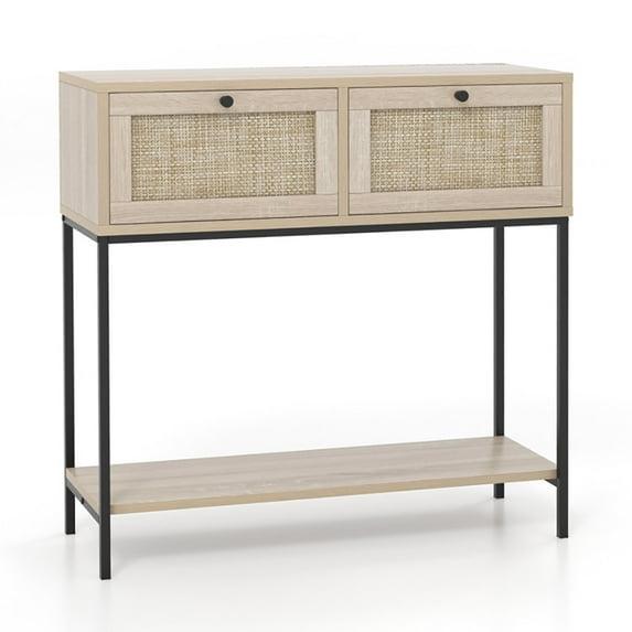 Spaco Rattan Console Table Boho Entryway Table with 2 Rattan Drawers and Open Storage Shelf-Oak, Entryway Table Hallway Table, Storage-Friendly Hallway Table for Foyer & Entry Spaces
