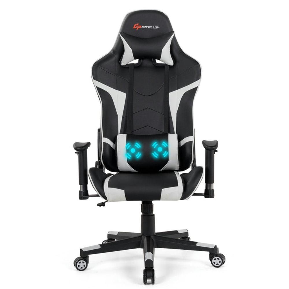 Costway Massage Gaming Chair Racing Computer Swivel Chair with Headrest & Lumbar Support White