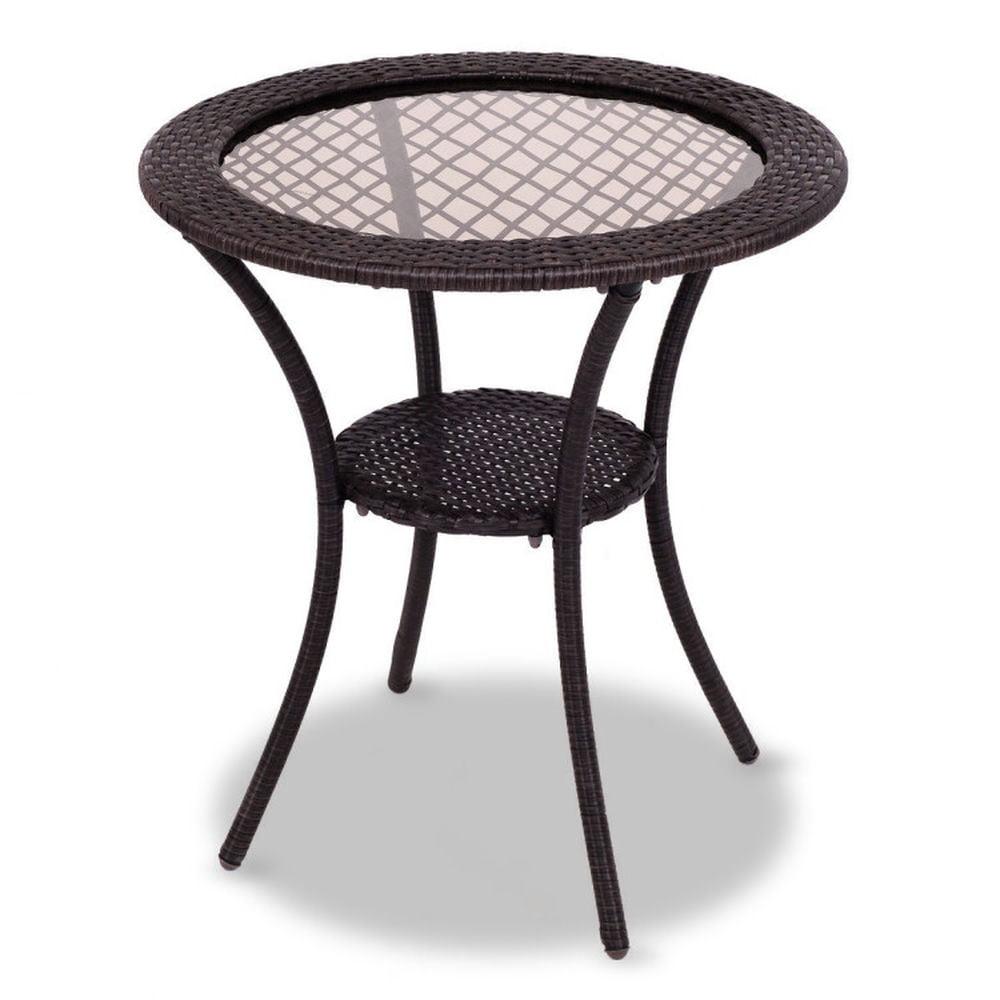 Costway Round Rattan Wicker Coffee Table Glass Top Steel Frame Patio Furni W/Lower Shelf