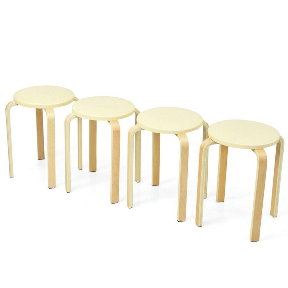 Beige Birch and PU Leather Stackable Bentwood Stools Set