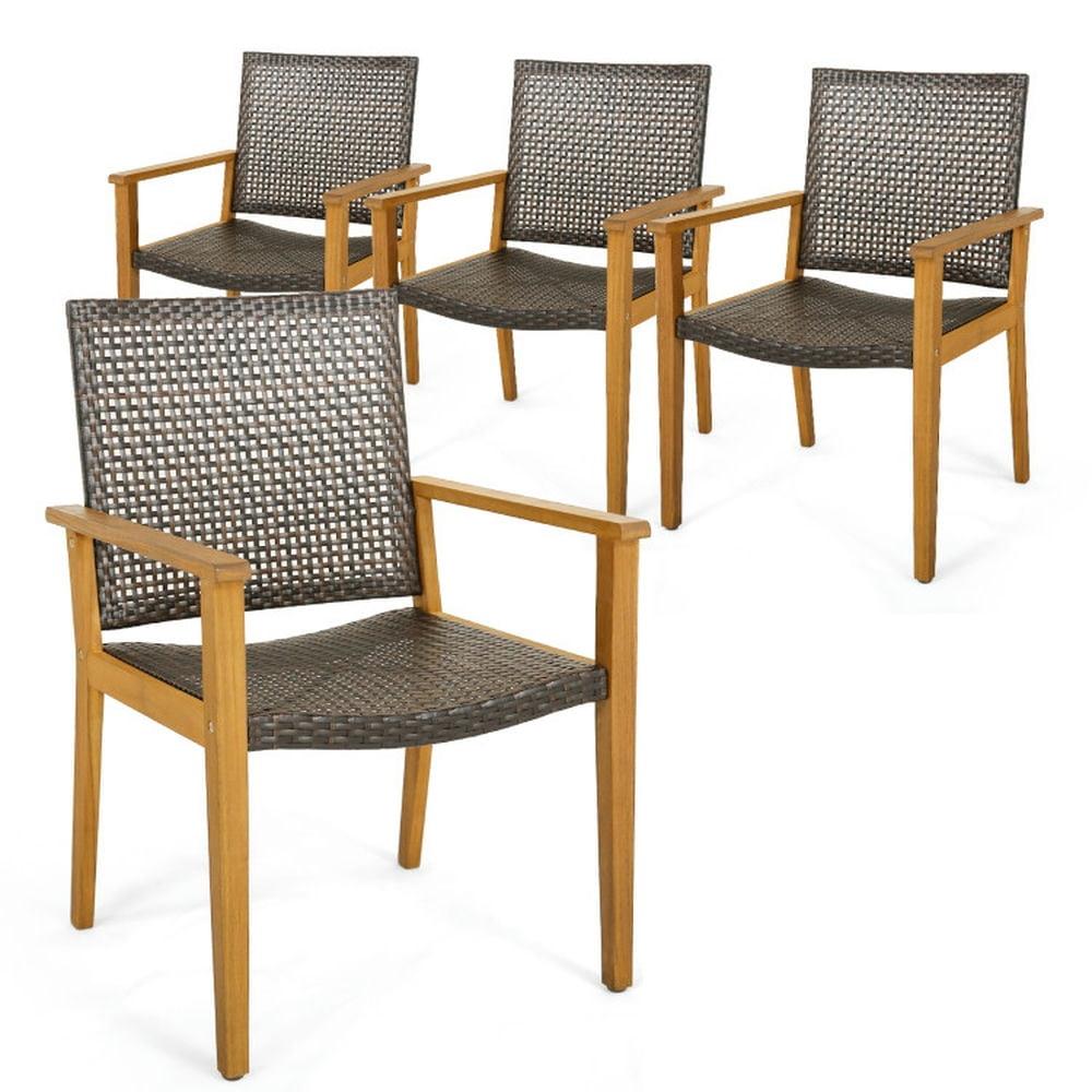 Spaco Set of 4 Outdoor Rattan Chair with Sturdy Acacia Wood Frame, 4 Pieces Cozy and Sturdy Chairs with Adjustable Footpads, Rattan Chair for Outdoor as Garden, Patio, Brown