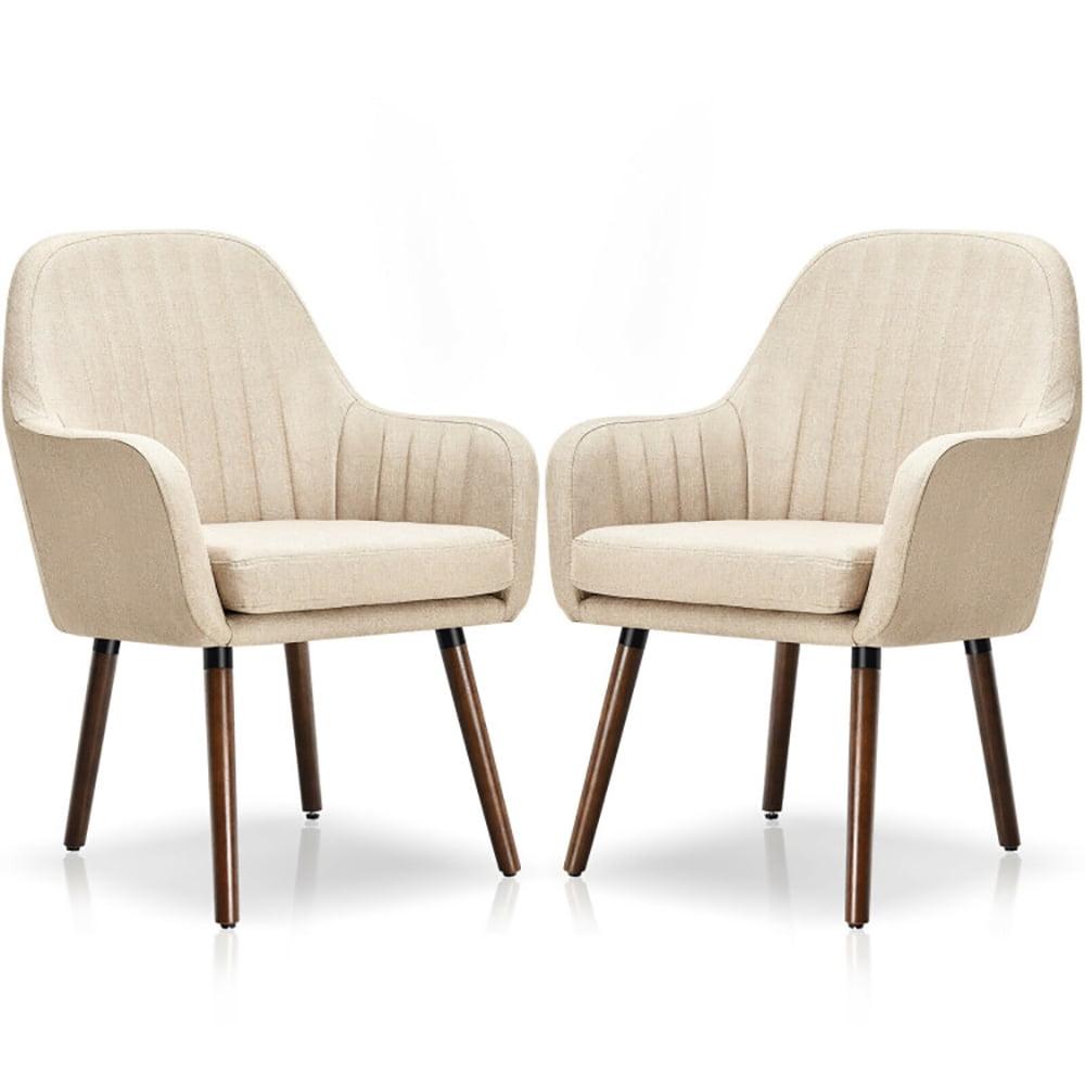 Beige Linen Upholstered Accent Chairs with Wooden Legs, Set of 2