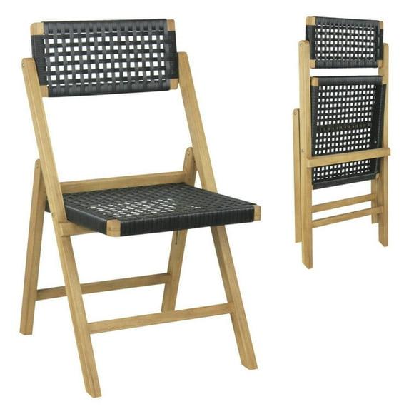 Costway 2 Piece Patio Folding Chairs with Woven Rope Seat & High Back Indonesia Teak Wood for Porch Natural&Black