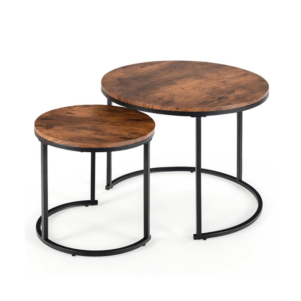 Rustic Brown Round Wood and Metal Nesting Coffee Tables, Set of 2